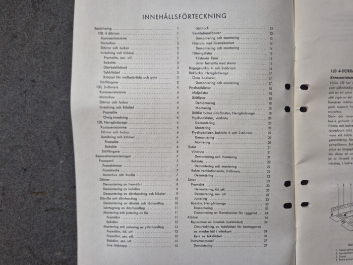 Original Volvo Service Manual til Volvo 120-serien, karosseri, svensk - Billede 2